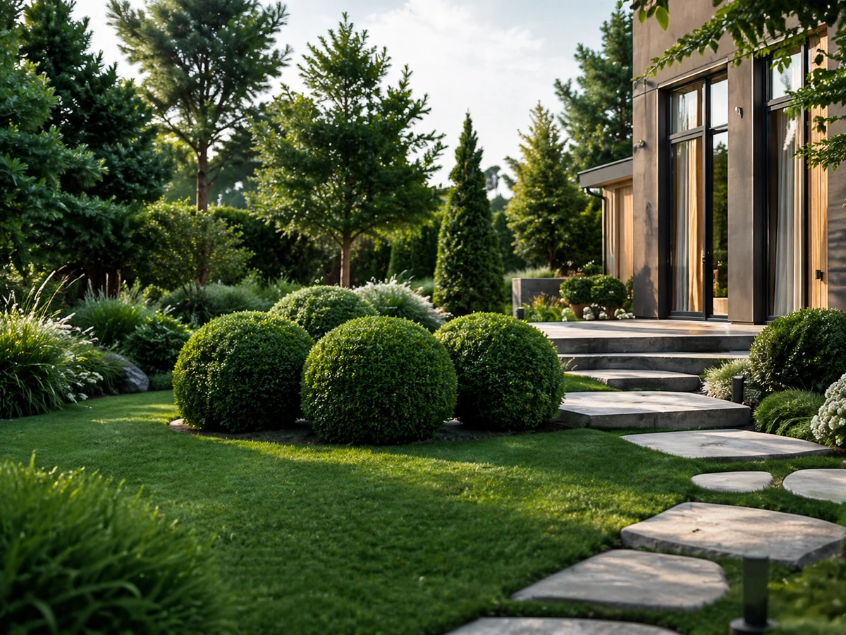 Классический сад у дома с газоном и дорожкой