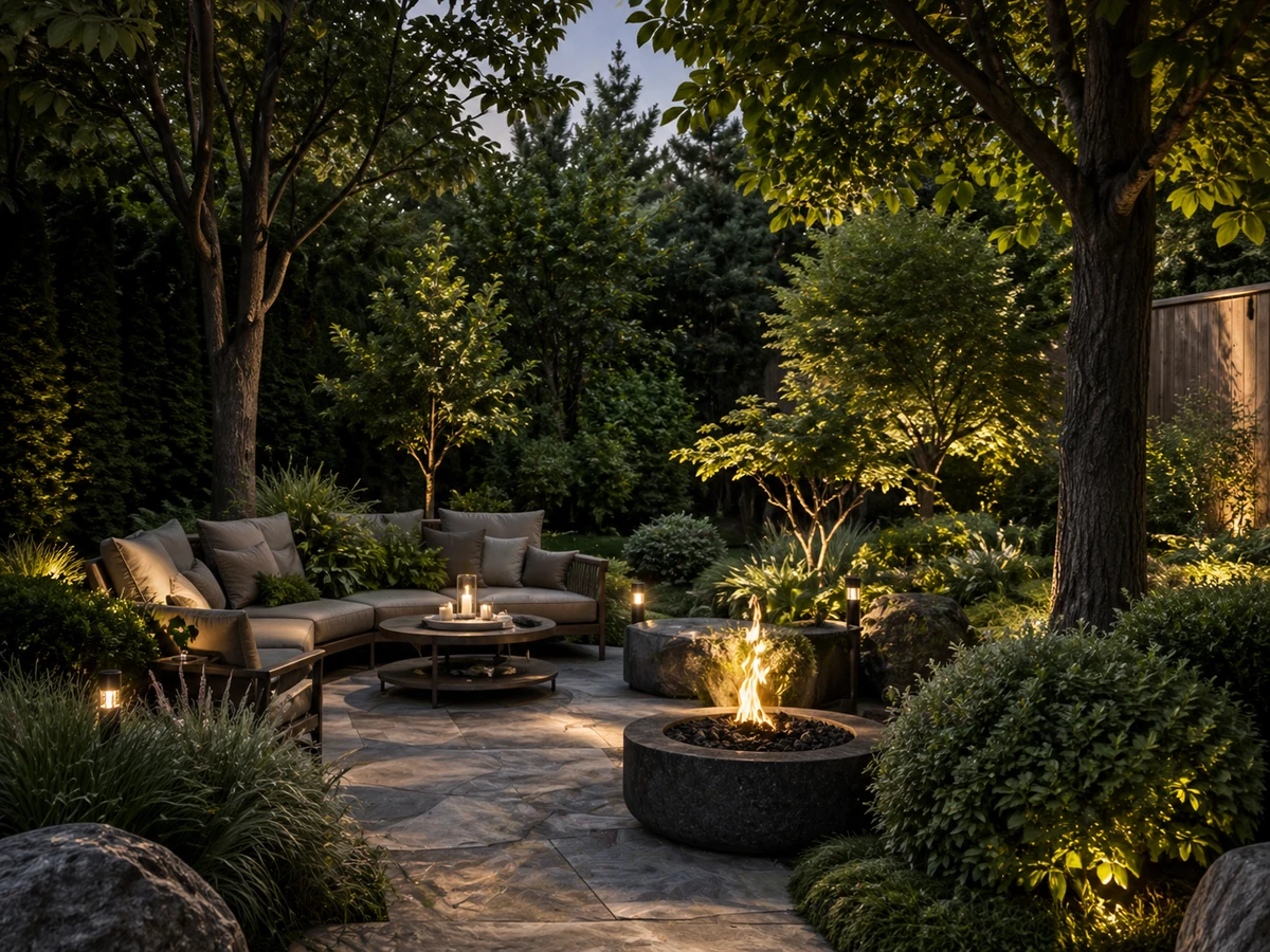 Уютная садовая лаунж-зона среди деревьев