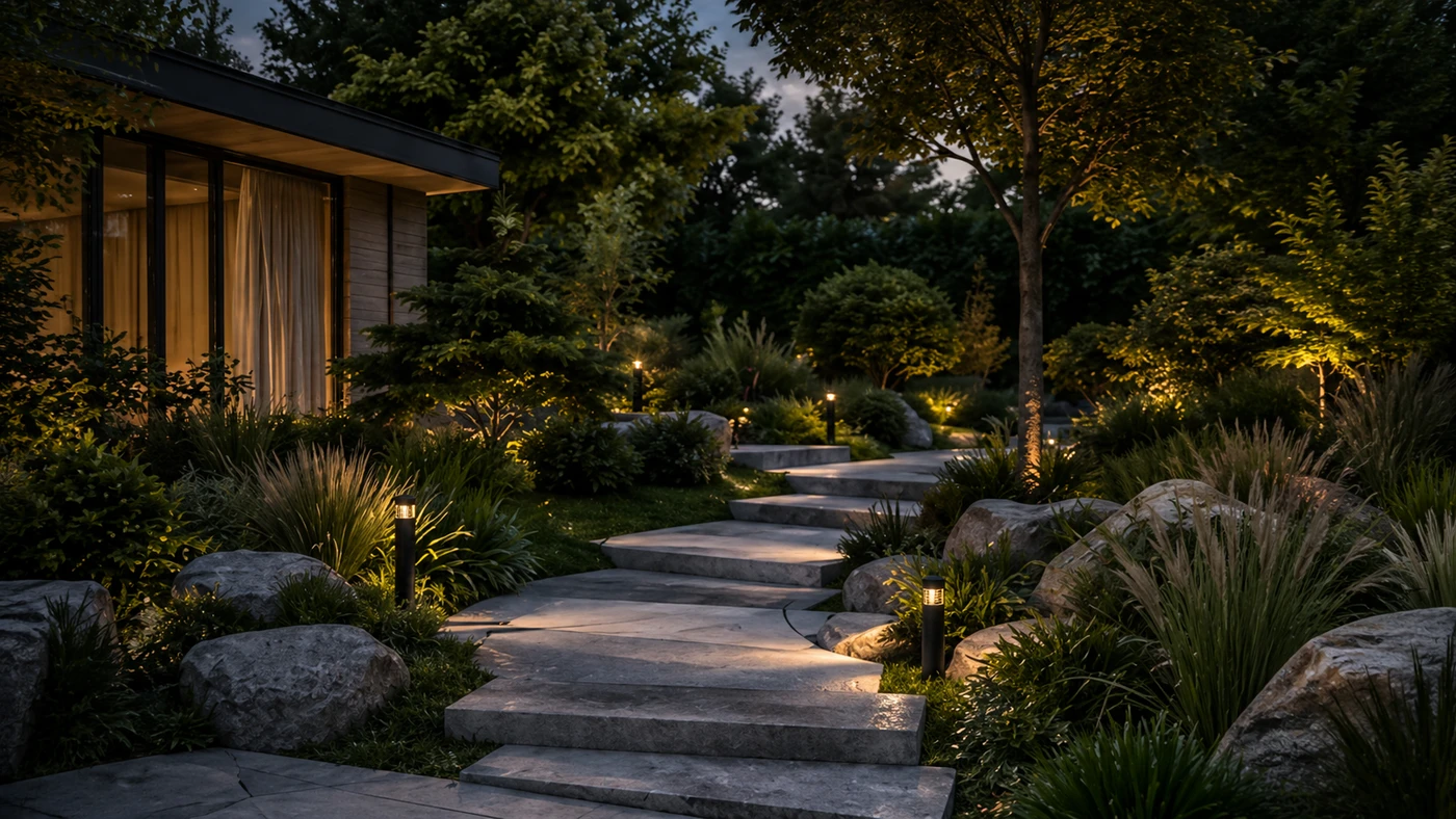 Вечерний современный сад с подсветкой и каменной дорожкой