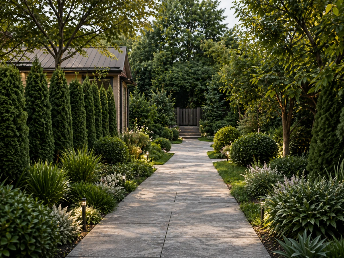 Садовая аллея с хвойными растениями и живой изгородью